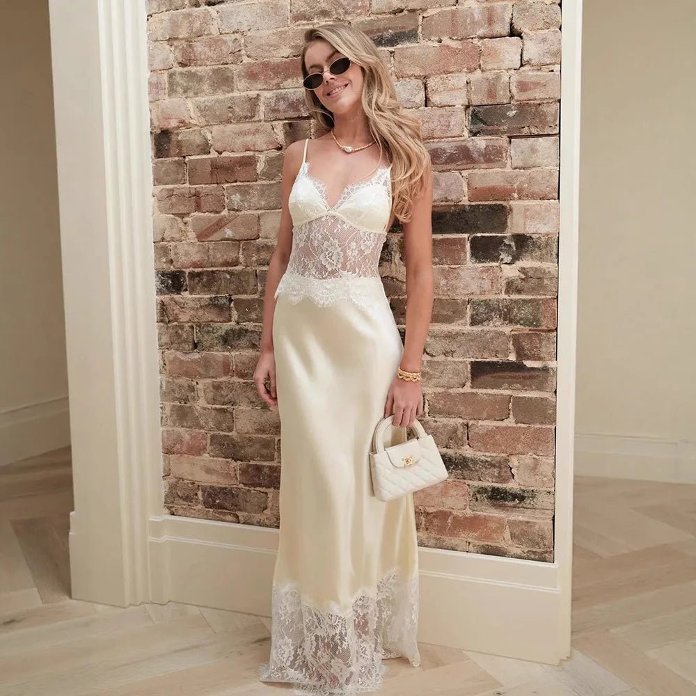 Vestido comprido de renda com decote em V Sandra