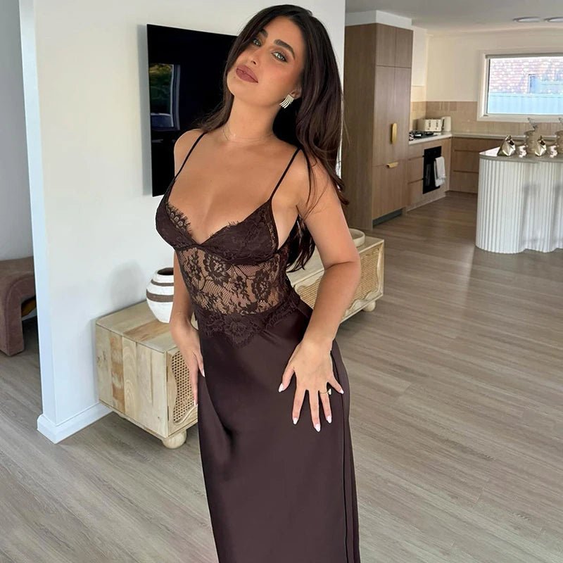 Vestido comprido de renda com decote em V Sandra