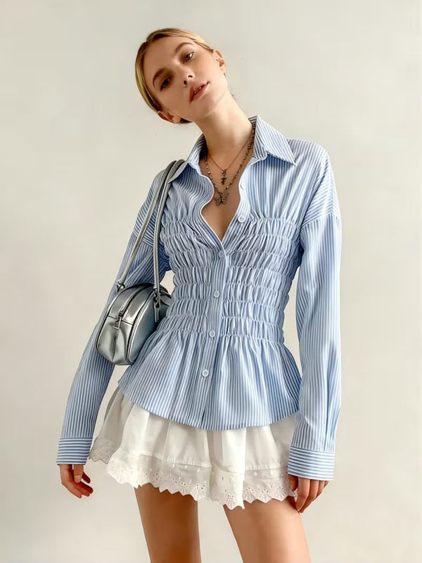 Blusa Sandra de manga comprida e franzida