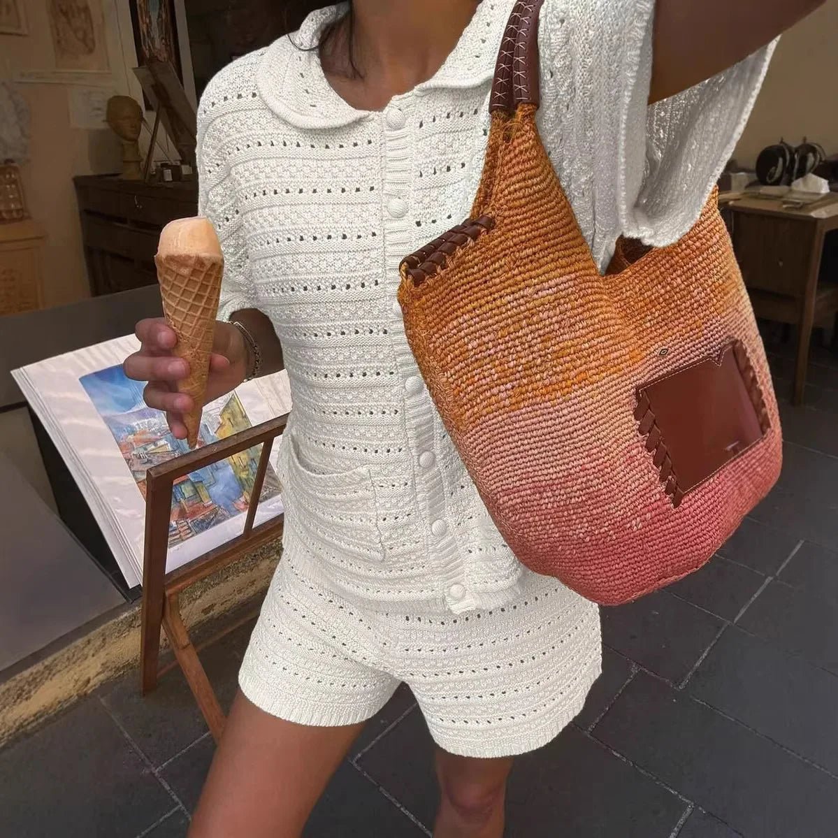 Conjunto Sasha de casaco de malha e calções, de cor lisa