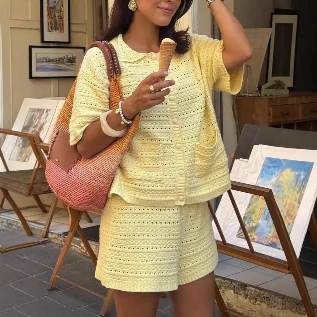 Conjunto Sasha de casaco de malha e calções, de cor lisa