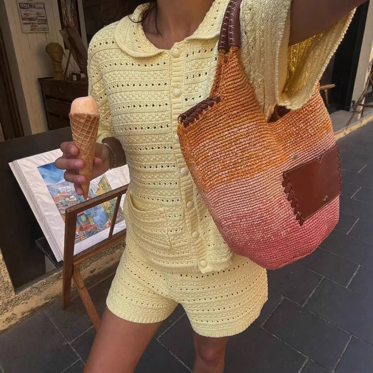 Conjunto Sasha de casaco de malha e calções, de cor lisa