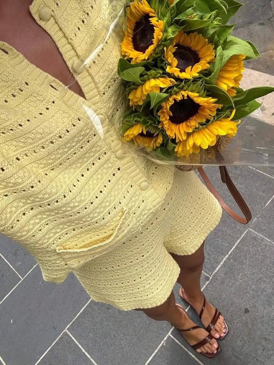 Conjunto Sasha de casaco de malha e calções, de cor lisa