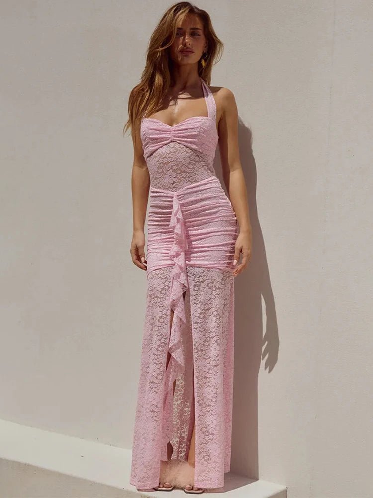 Vestido maxi Selene de renda drapeado, com decote halter