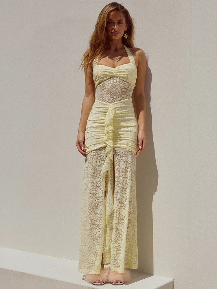 Vestido maxi Selene de renda drapeado, com decote halter
