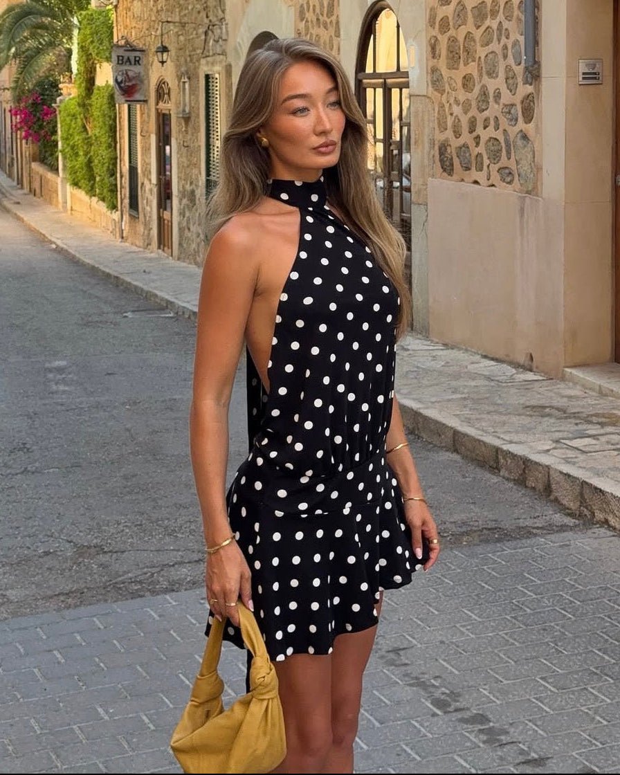 Vestido curto halter com costas abertas e padrão de bolinhas Serena