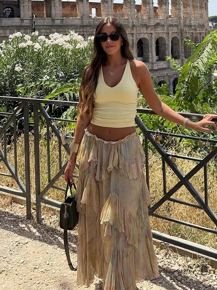 Saia maxi boho Serena com folhos