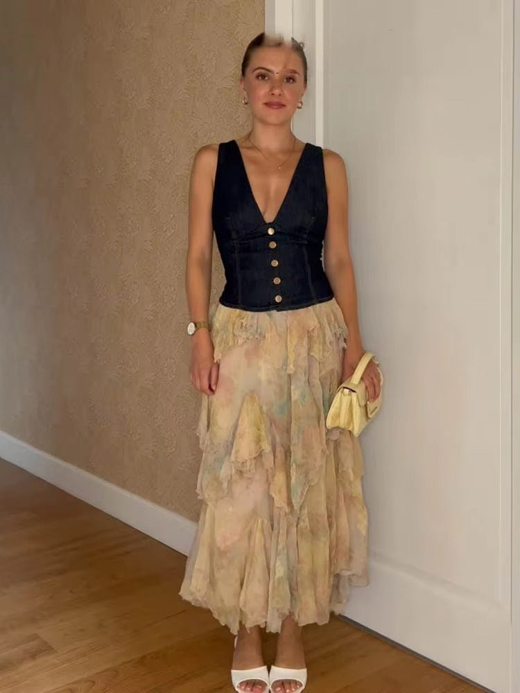 Saia maxi boho Serena com folhos