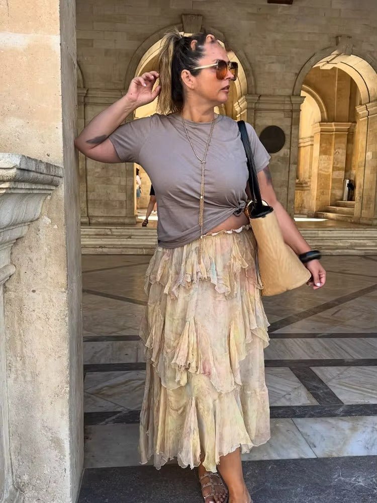 Saia maxi boho Serena com folhos