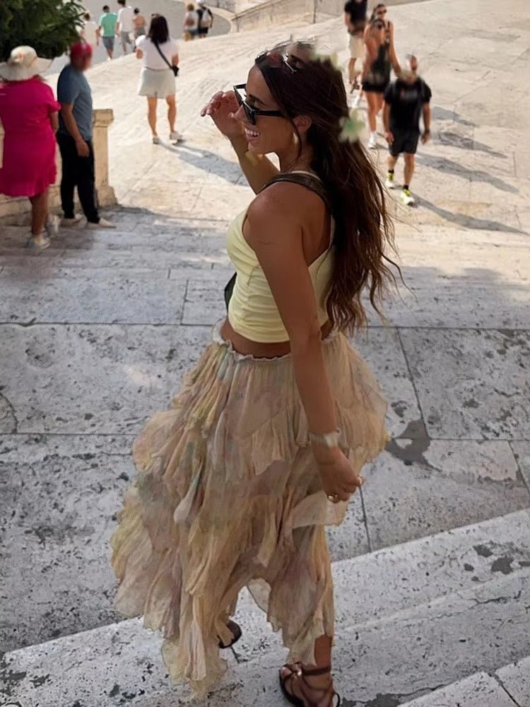 Saia maxi boho Serena com folhos