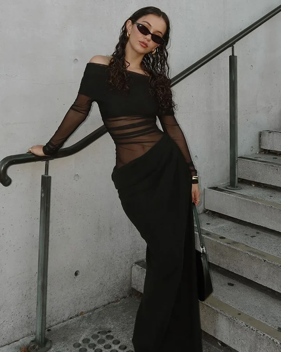 Vestido comprido de tule franzido Shiela