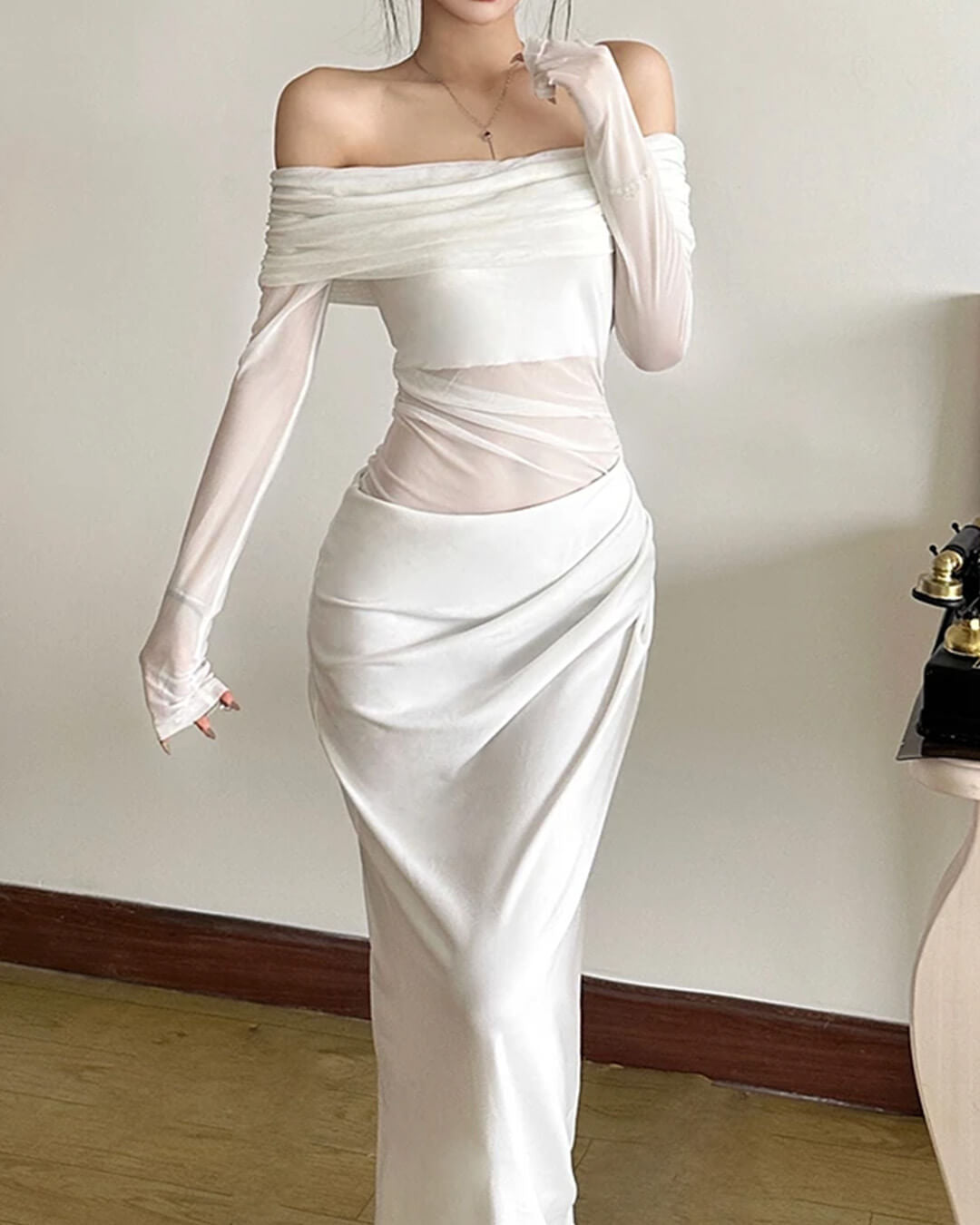 Vestido comprido de tule franzido Shiela