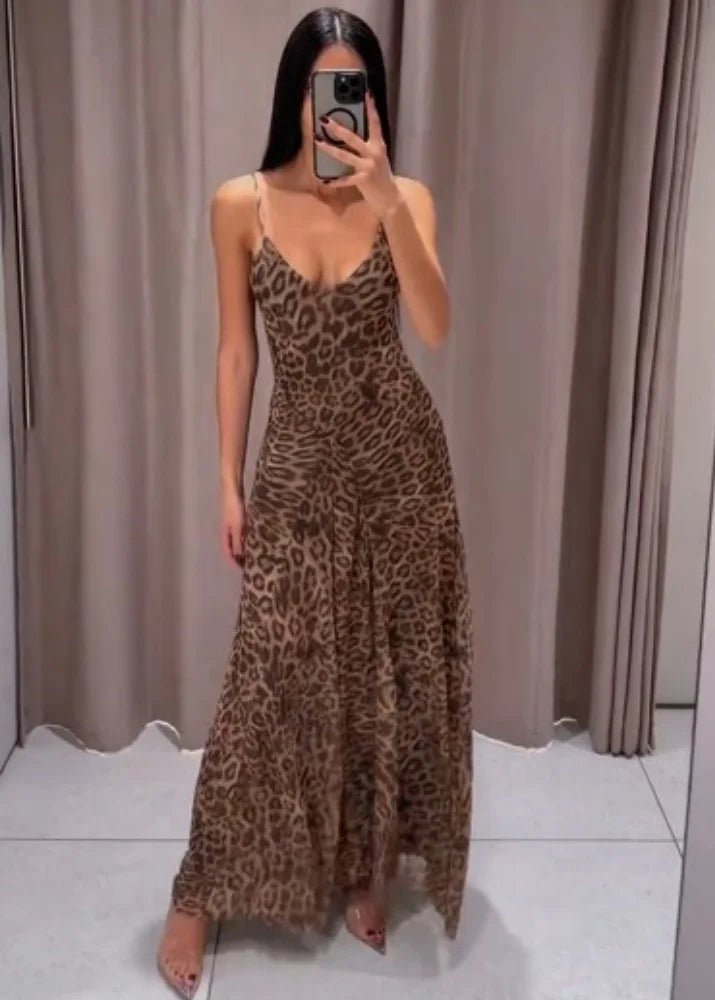 Vestido maxi de alças com padrão de leopardo Sienna