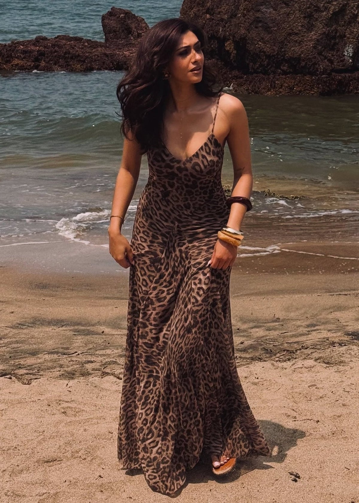 Vestido maxi de alças com padrão de leopardo Sienna