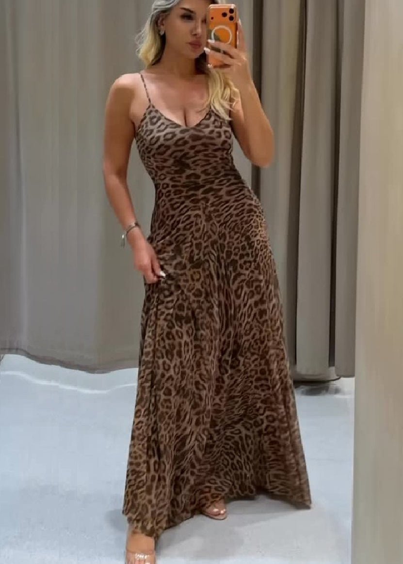 Vestido maxi de alças com padrão de leopardo Sienna