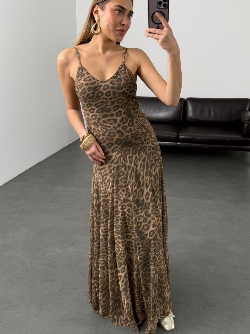 Vestido maxi de alças com padrão de leopardo Sienna