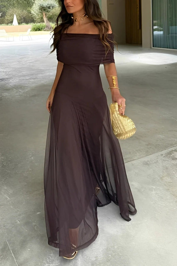 Vestido maxi franzido, de ombros descobertos, Sienna