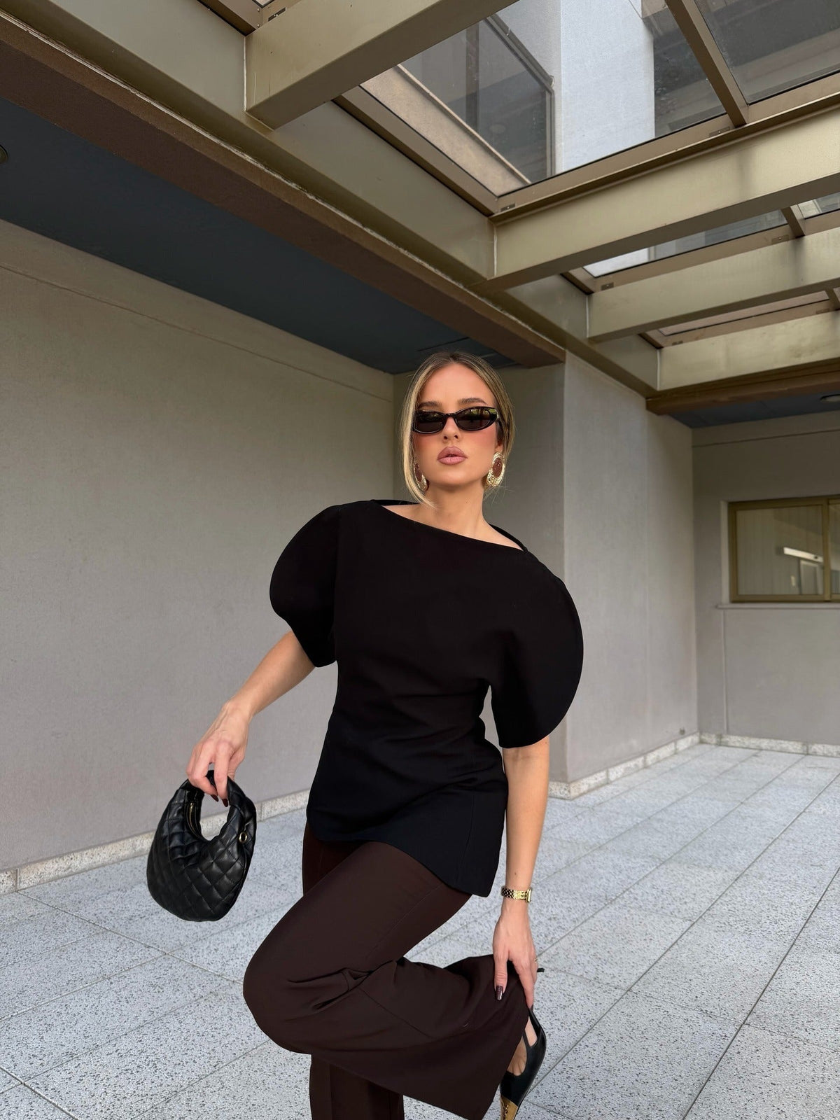 Top Sienna em malha tricotada com mangas balão
