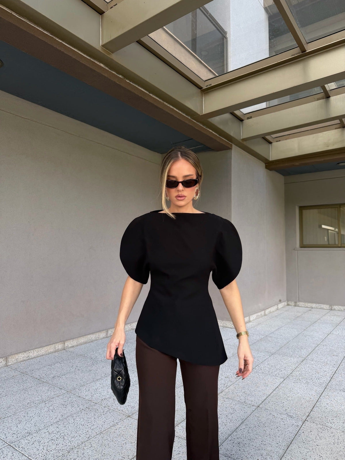 Top Sienna em malha tricotada com mangas balão