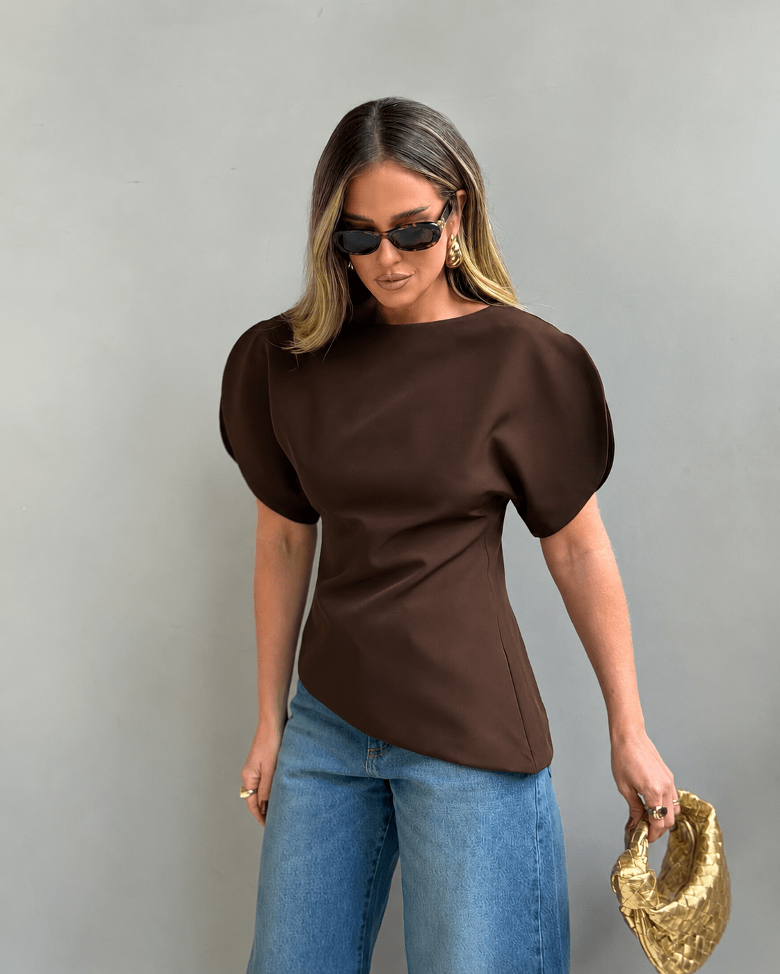 Top Sienna em malha tricotada com mangas balão