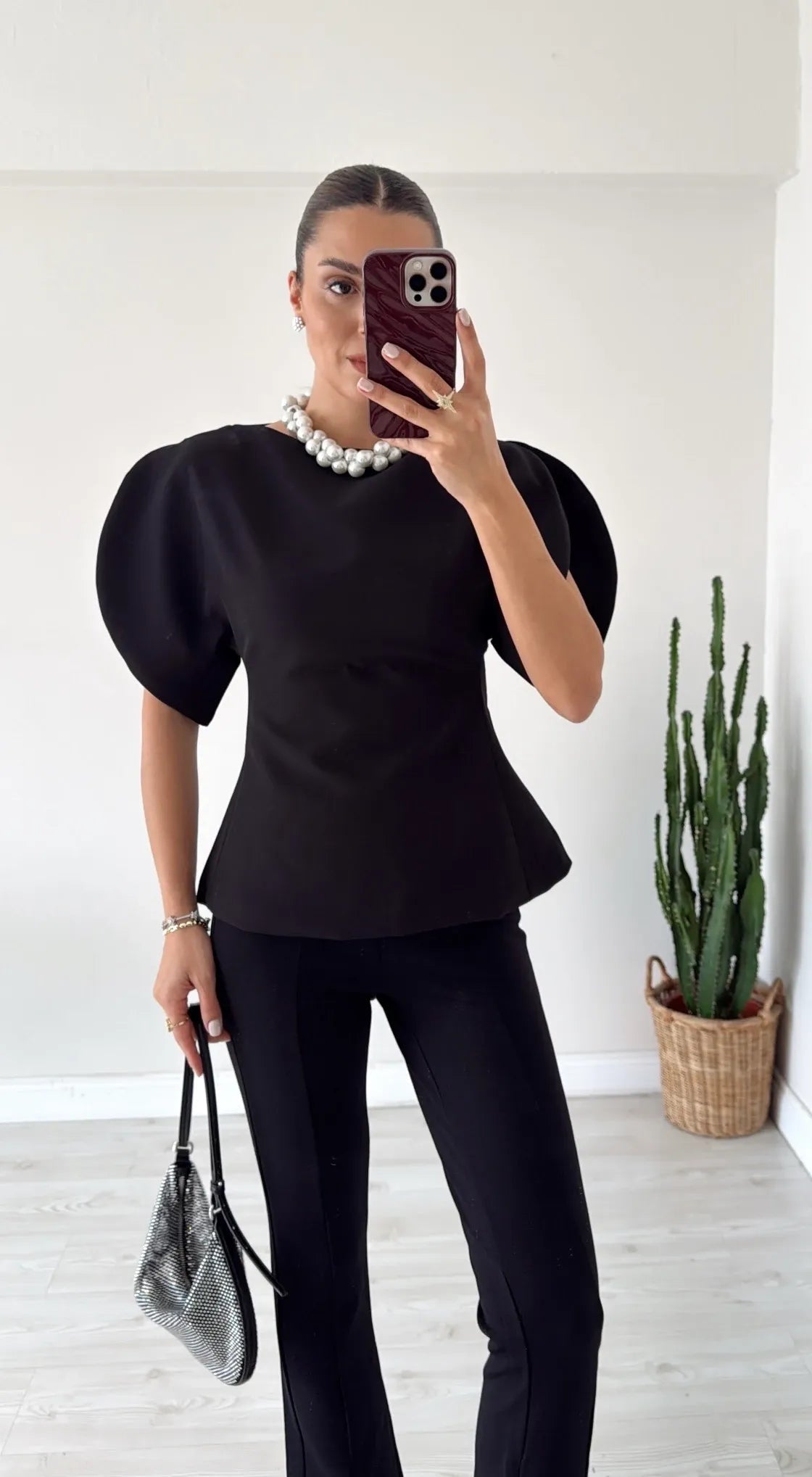 Top Sienna em malha tricotada com mangas balão
