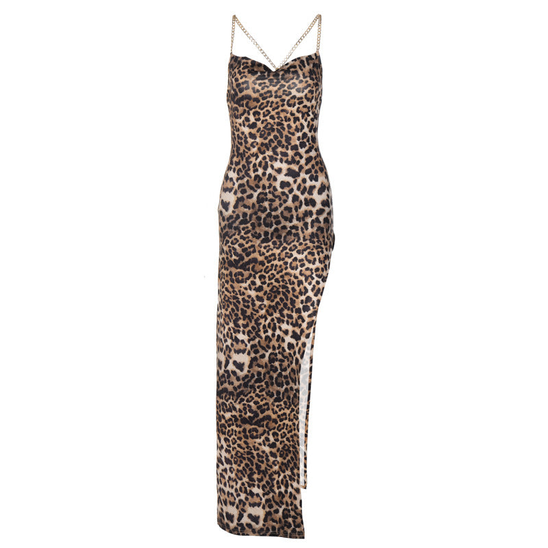 Vestido comprido de alças com padrão leopardo Ysolde