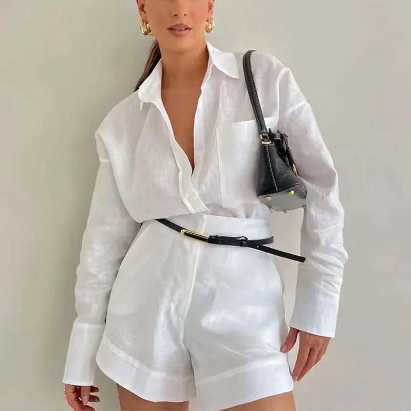 Conjunto de linho com camisa de mangas compridas e calções de cintura subida Solenn