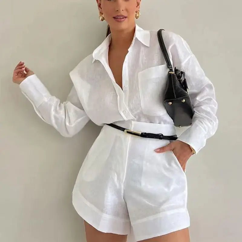 Conjunto de linho com camisa de mangas compridas e calções de cintura subida Solenn