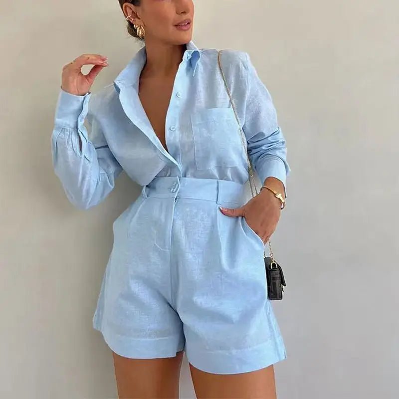 Conjunto de linho com camisa de mangas compridas e calções de cintura subida Solenn
