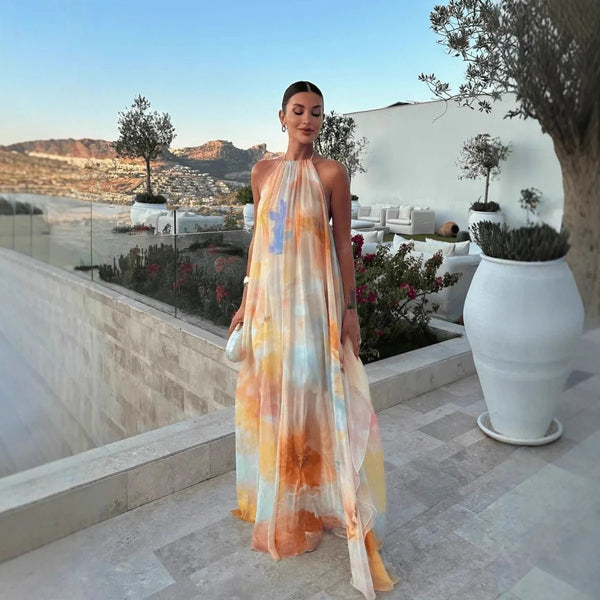 Vestido comprido Sophia com decote halter e atilhos
