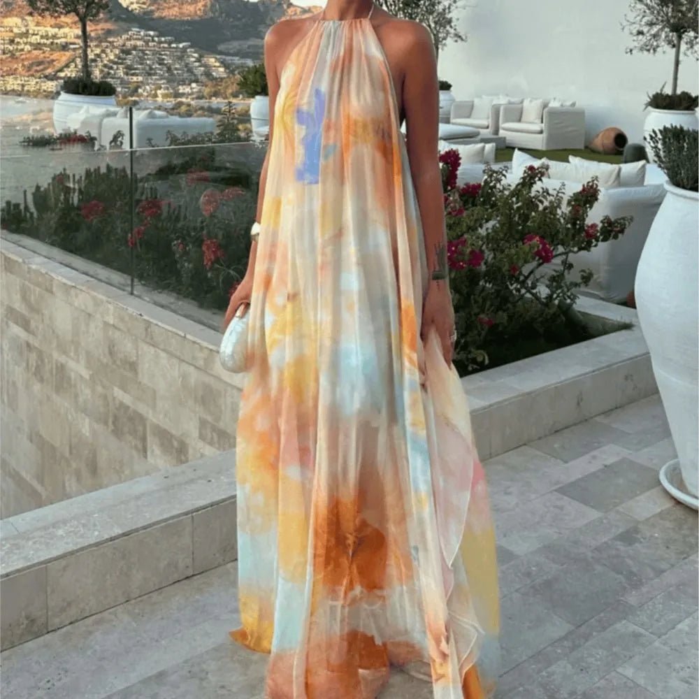 Vestido comprido Sophia com decote halter e atilhos