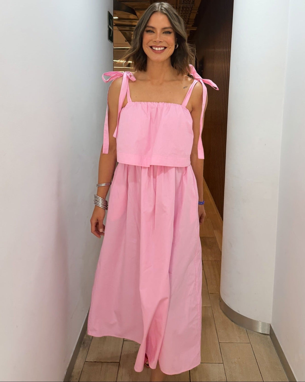 Sophia Pink Bow Tiered Midi Dress
