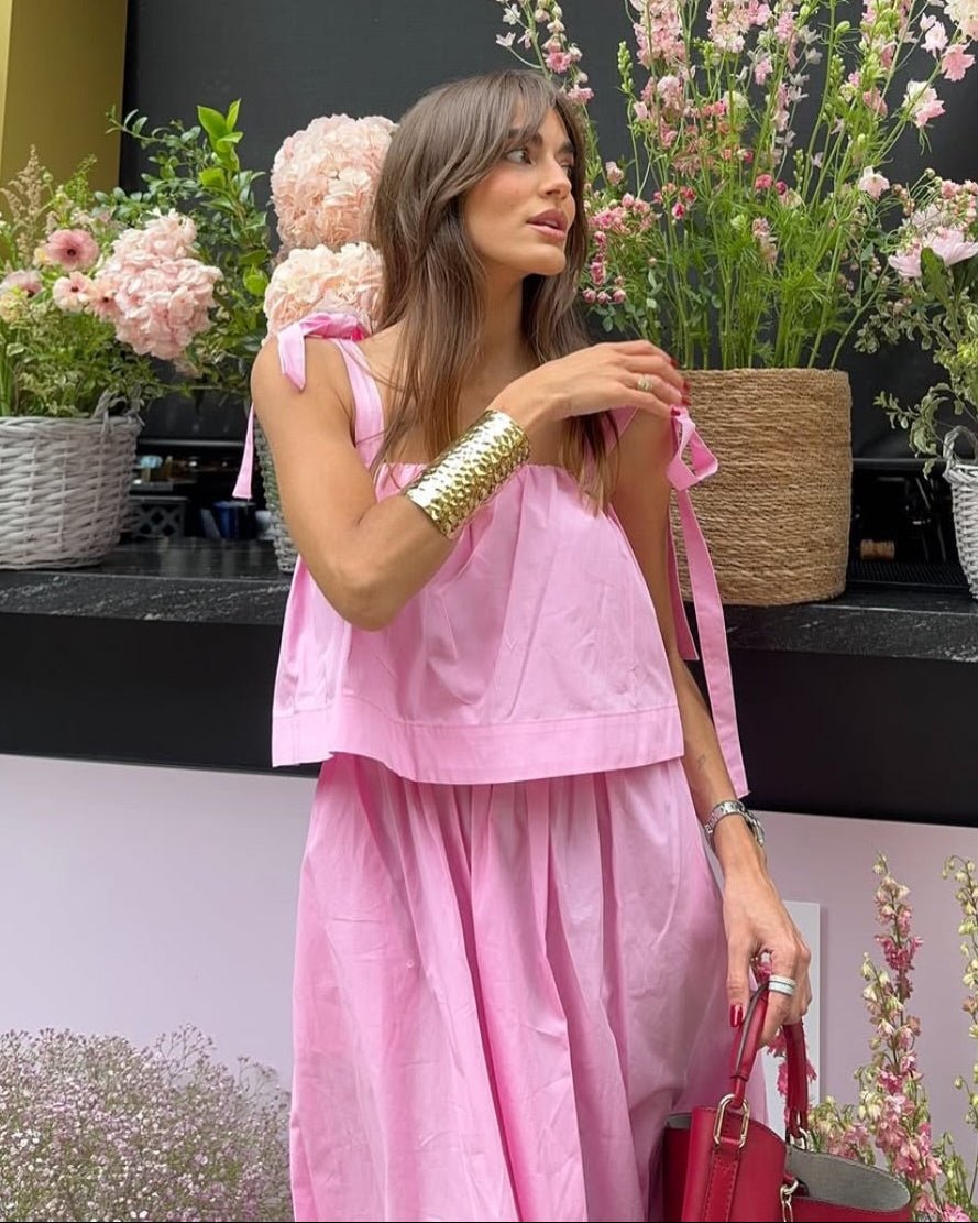 Sophia Pink Bow Tiered Midi Dress