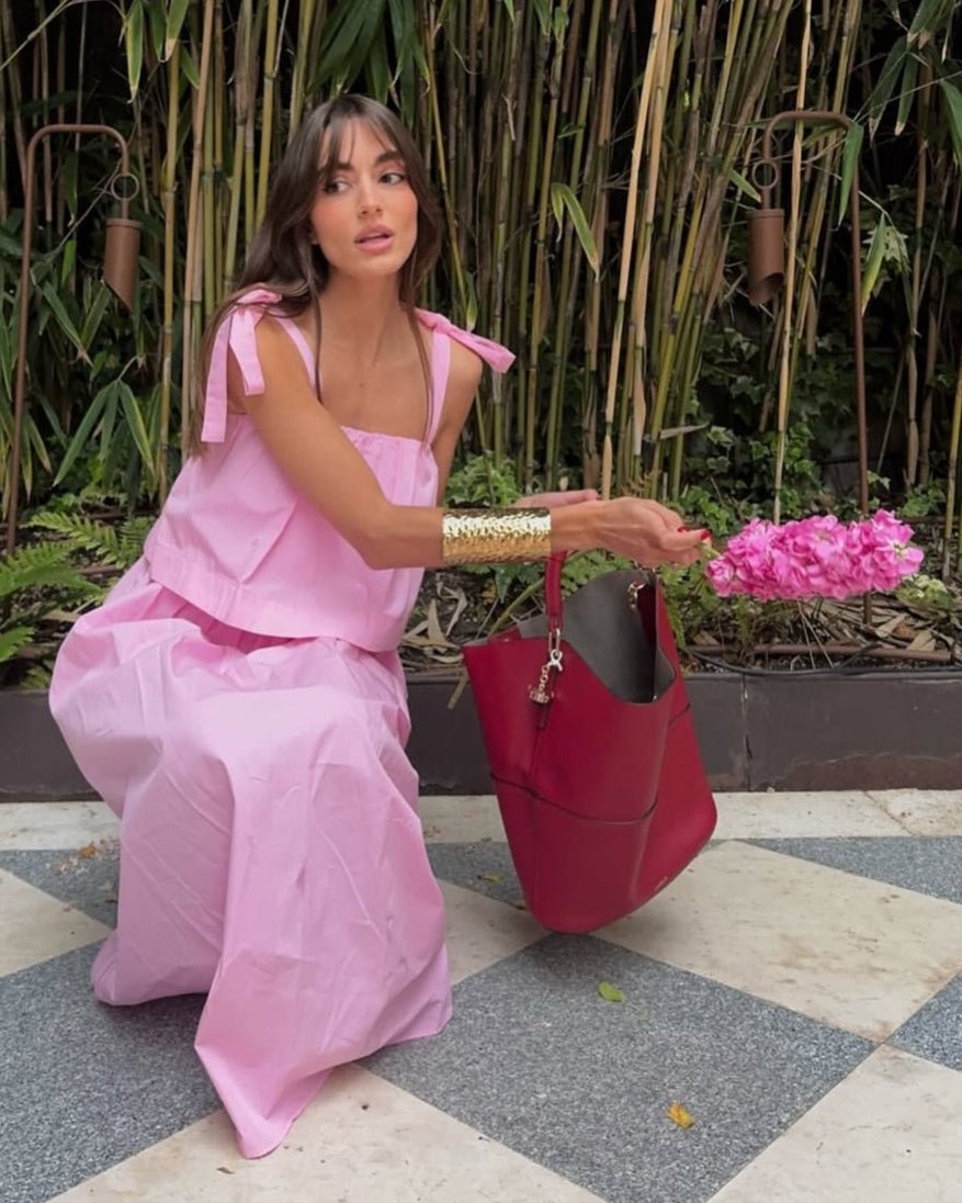 Sophia Pink Bow Tiered Midi Dress