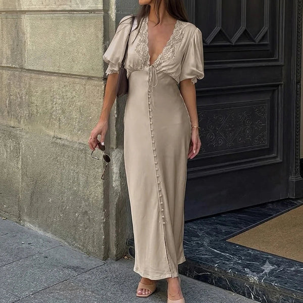 Vestido maxi Sophia com mangas balão e atilhos