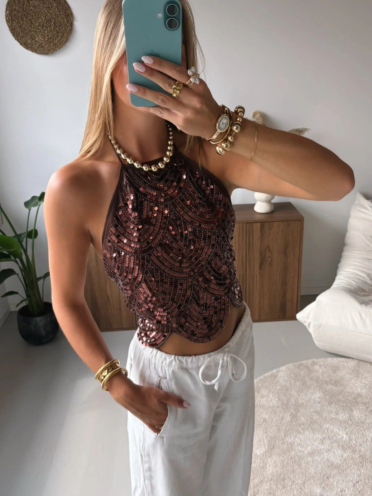 Top de lantejoulas com decote halter Sophia