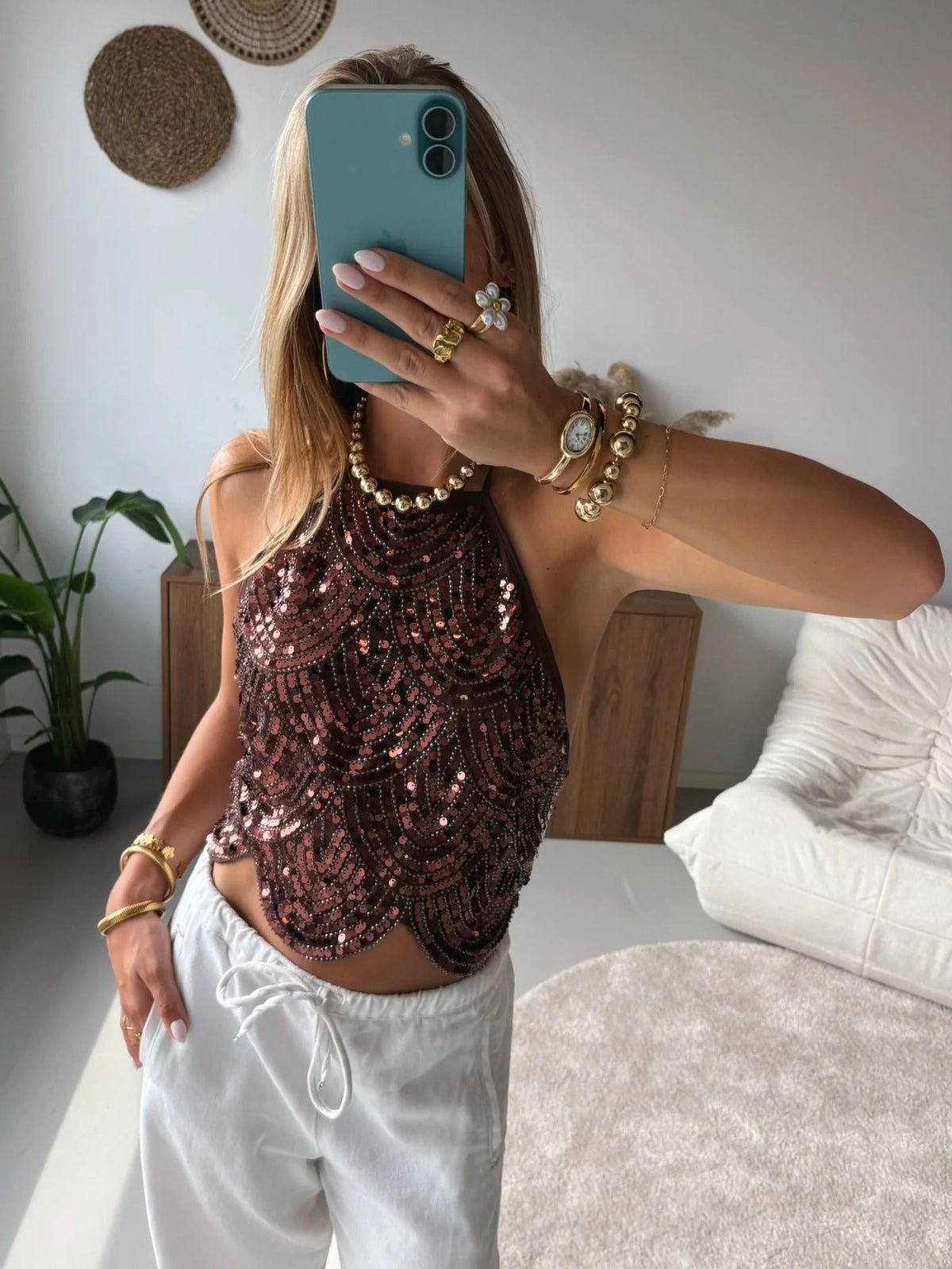 Top de lantejoulas com decote halter Sophia