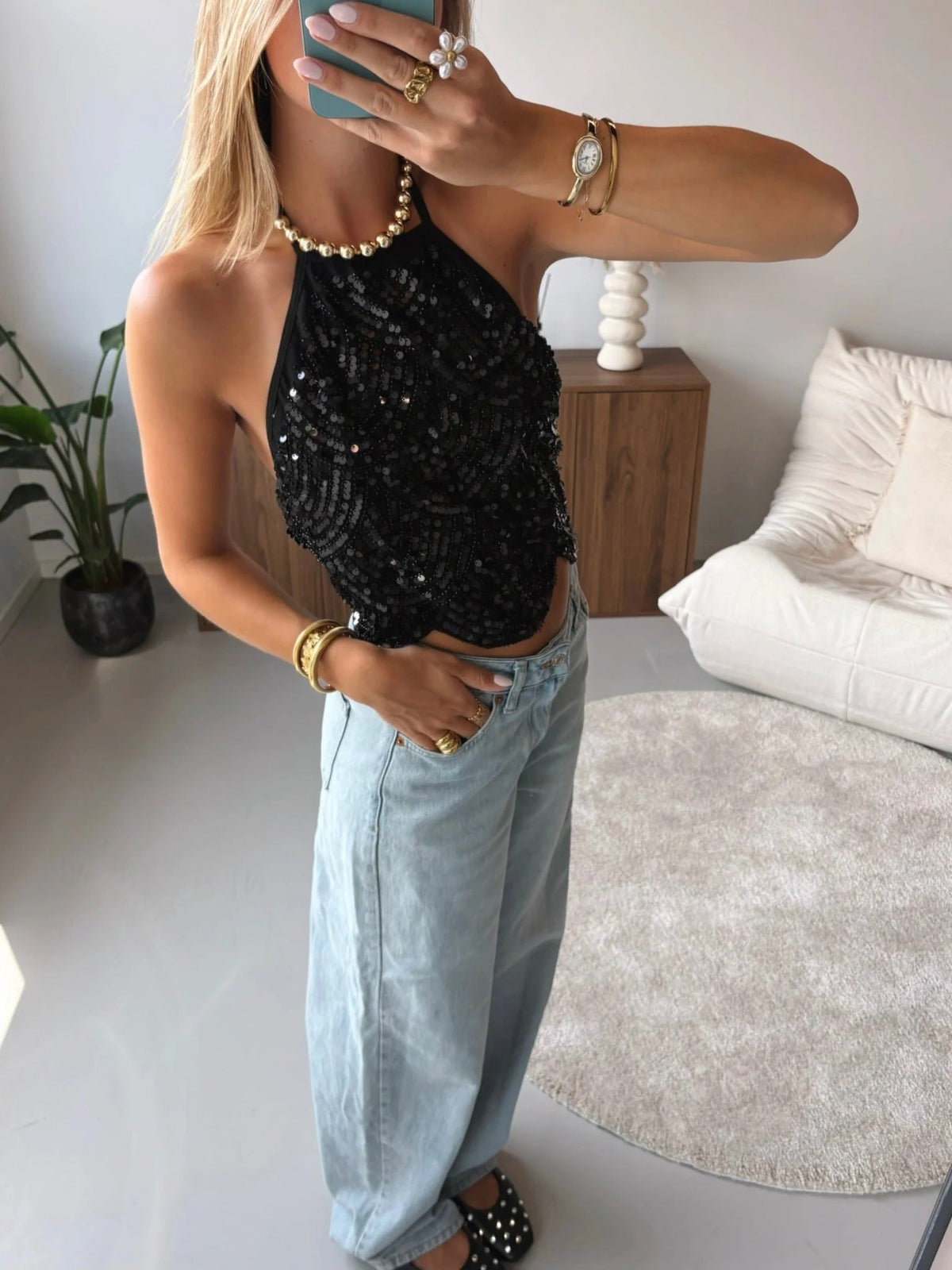 Top de lantejoulas com decote halter Sophia
