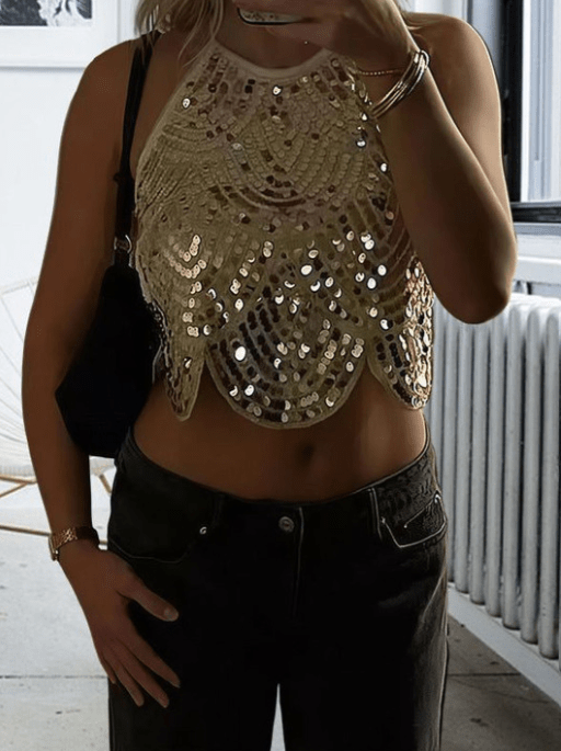 Top de lantejoulas com decote halter Sophia