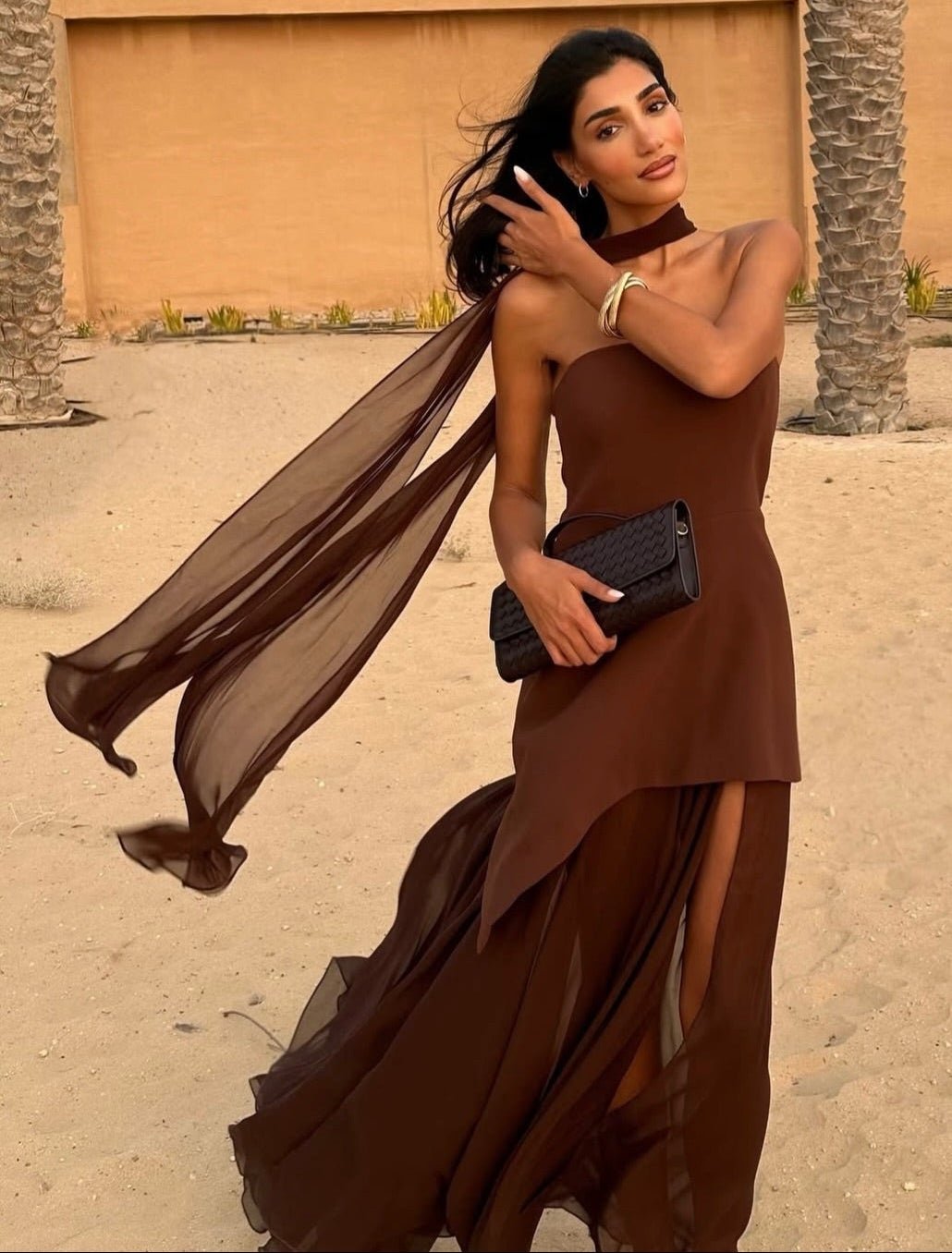 Vestido comprido de malha transparente, sem alças e com lenço Sophia