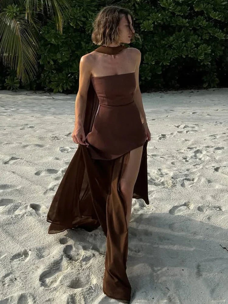 Vestido comprido de malha transparente, sem alças e com lenço Sophia