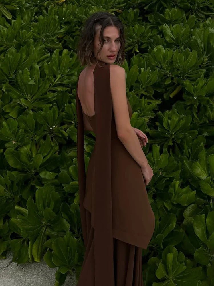 Vestido comprido de malha transparente, sem alças e com lenço Sophia