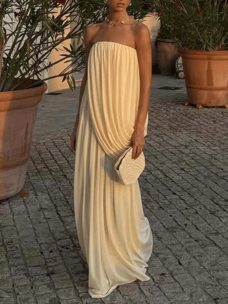 Vestido comprido Sophia sem alças e plissado