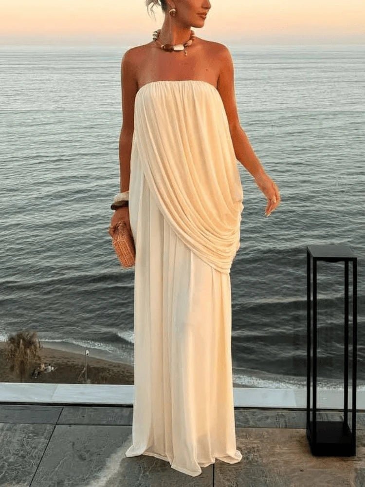 Vestido comprido Sophia sem alças e plissado