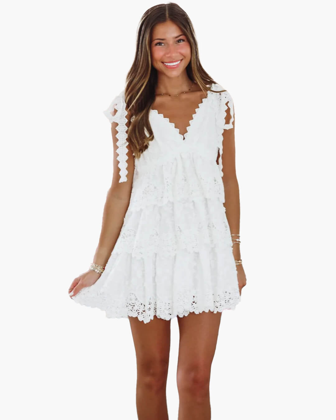 Vestido curto Sophia de renda em camadas e decote em V