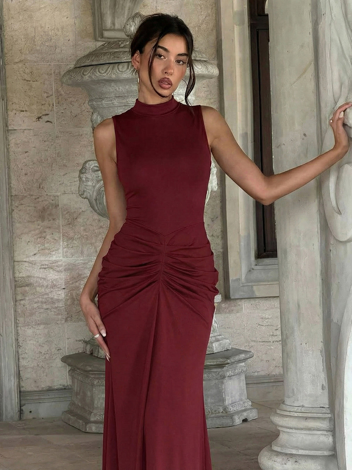 Vestido comprido franzido com gola alta Philippa