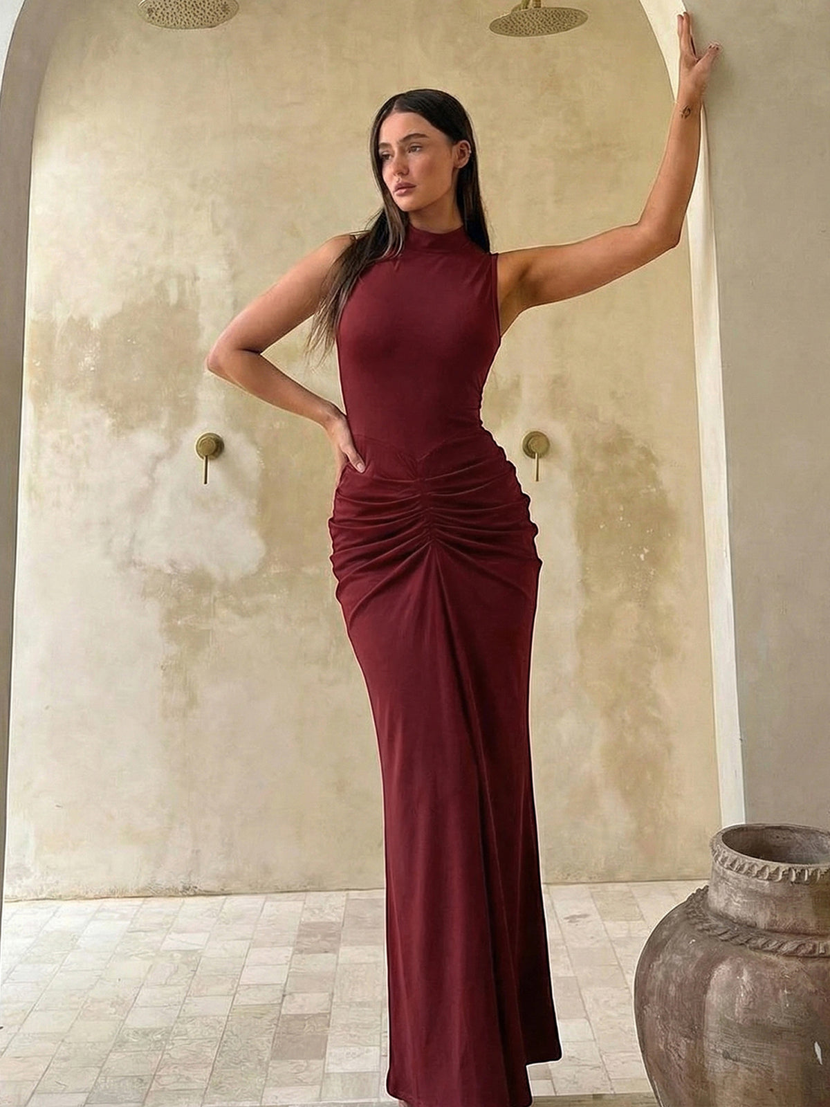 Vestido comprido franzido com gola alta Philippa