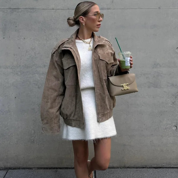 Suede High-Neck Oversized Bomber Jacket