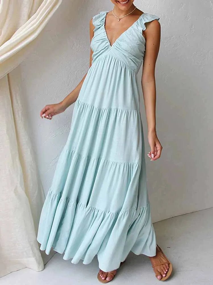 Vestido maxi Tahlia em algodão e linho com folhos