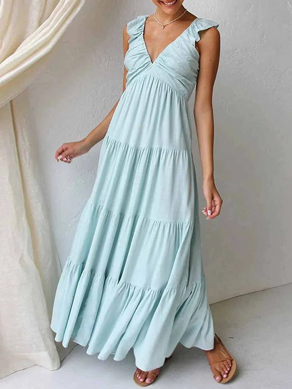 Vestido maxi Tahlia em algodão e linho com folhos